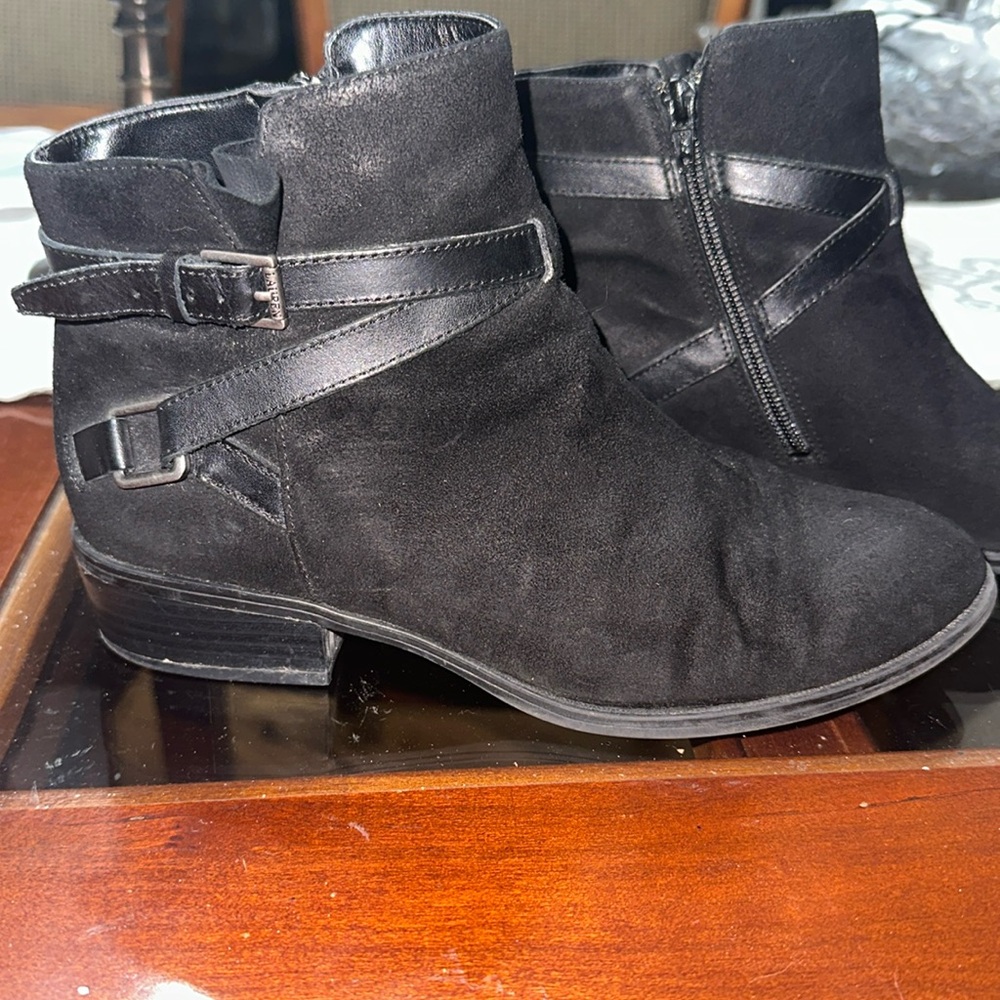 Ralph Lauren Menira suede w/ leather ankle strap and buckle, short ankle boots